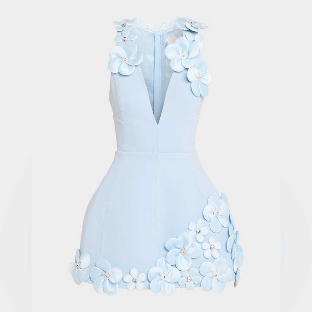 bronx and banco Light Blue Floral Appliqué V-Neck Mini Dress-RRP$895 - Picture 3 of 13